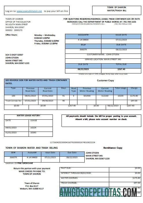 EUA Sharon Town Of Sharon Water Trash Utility Bill Formatos Word e PDF amostra